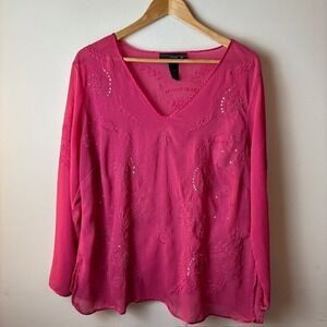Womens 18/20 Venezia Blouse Pink Embroidered Sequin V Neck Long Sleeve Pullover‎